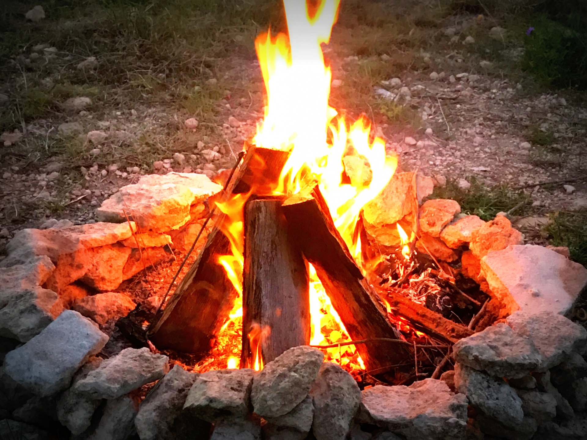 Closeup of a campfire burning in a simple stone fire ring, orange flames lighting the logs on a quiet evening in camp after the horse check