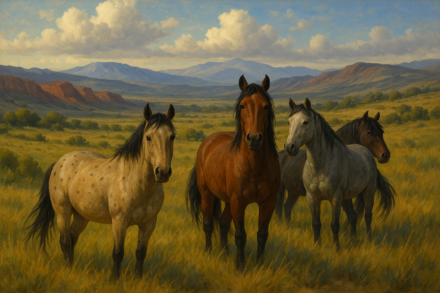 Wild mustang band in western grassland landscape for Fading Hoofbeats Trail Break puzzle