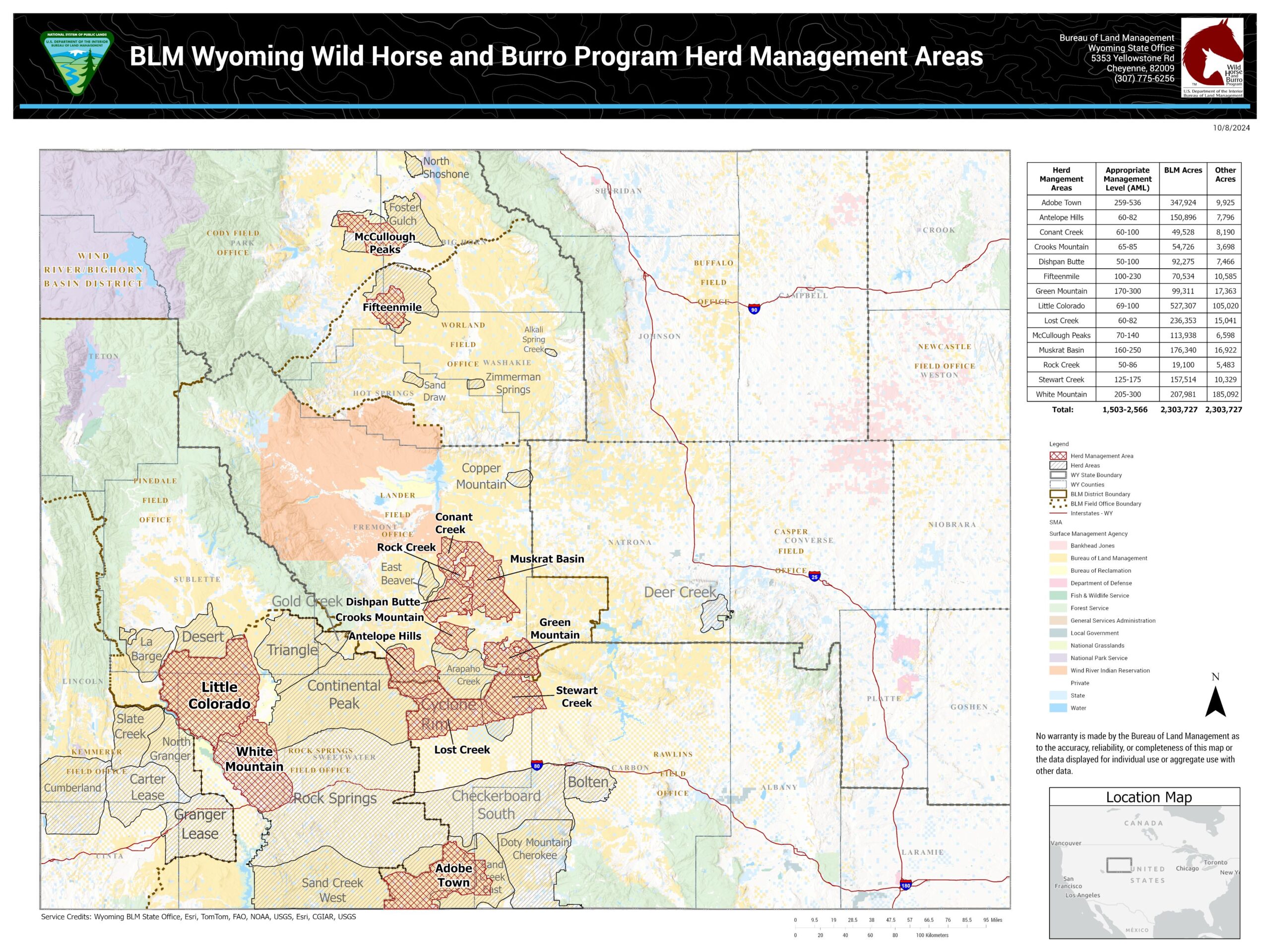 Map of Wyoming wild horse Herd Management Areas showing Adobe Town, McCullough Peaks, Green Mountain, White Mountain, North Lander and other HMAs.