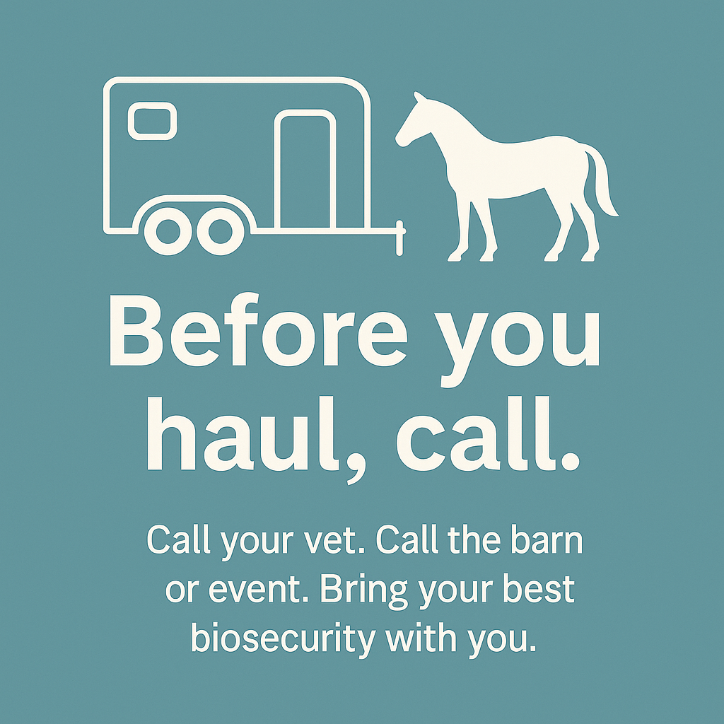 Flat teal graphic showing a simple horse trailer and horse silhouette with the words “Before you haul, call. Call your vet. Call the barn or event. Bring your best biosecurity with you.”