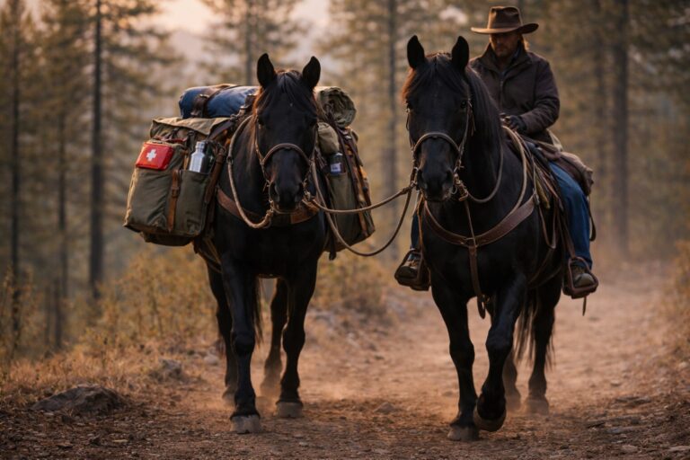 Rider leading a pack horse on a forest trail, both black horses (Trail Break 6) Packing the Quiet Miles.