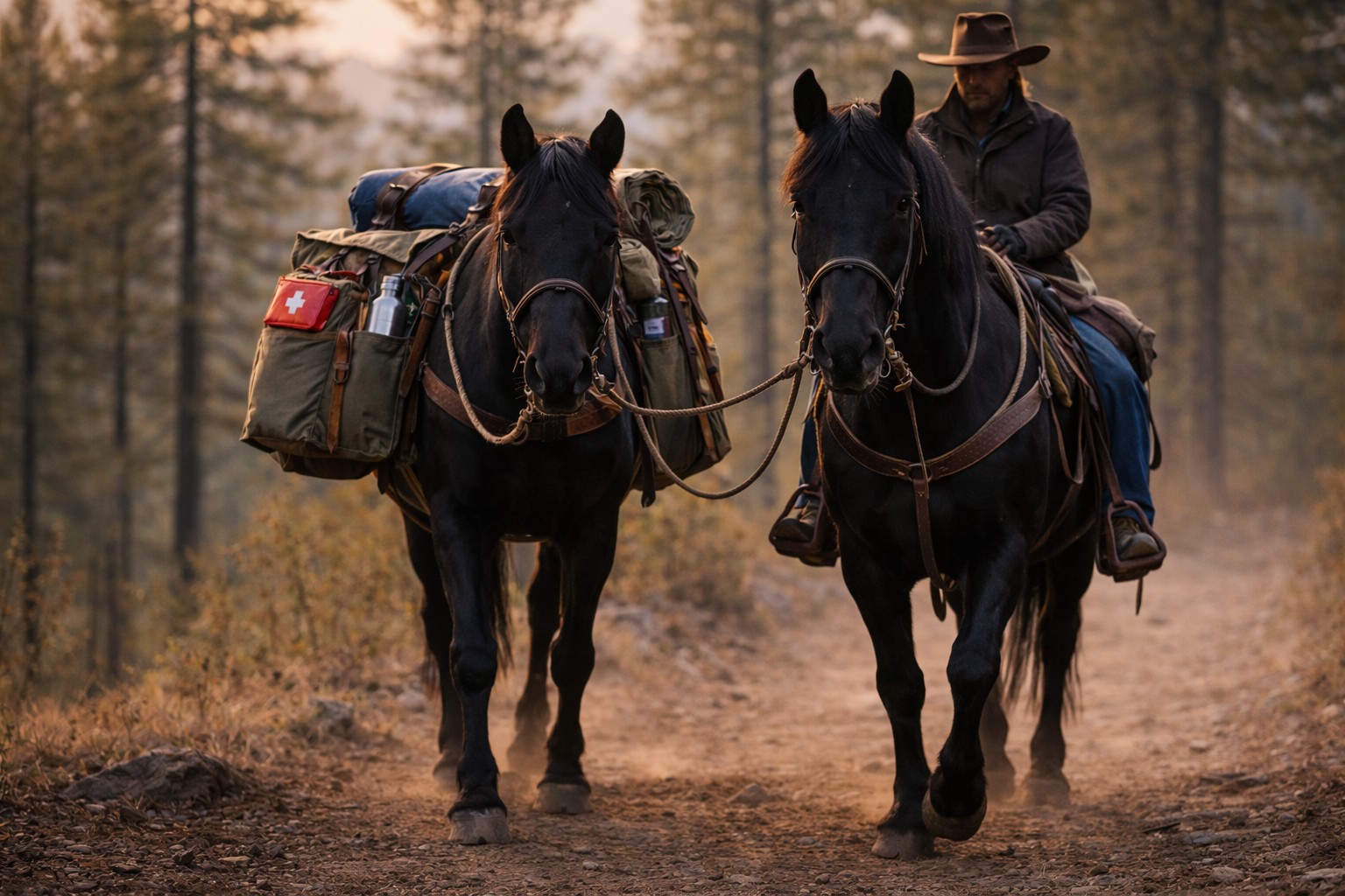 Rider leading a pack horse on a forest trail, both black horses (Trail Break 6) Packing the Quiet Miles.