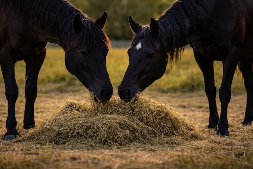 Meet the mustangs: Floki and Lagertha eating hay nose-to-nose