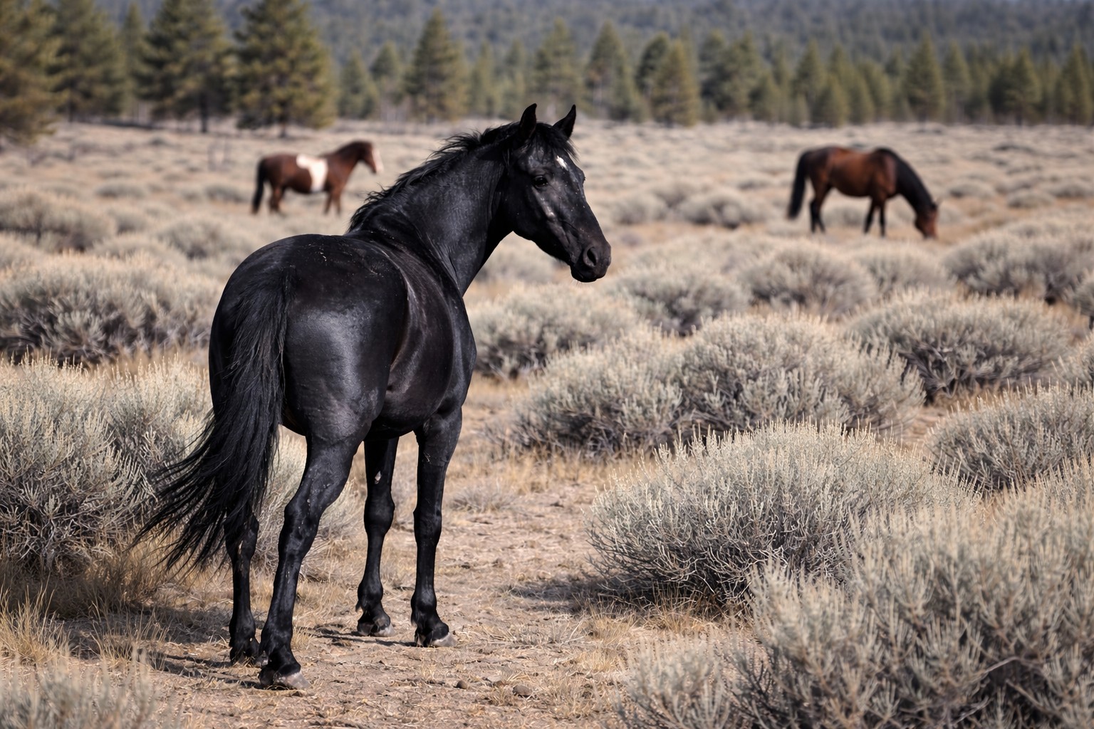 Lagertha, a Devil’s Garden mustang, on the road to Devil’s Garden in sagebrush flats