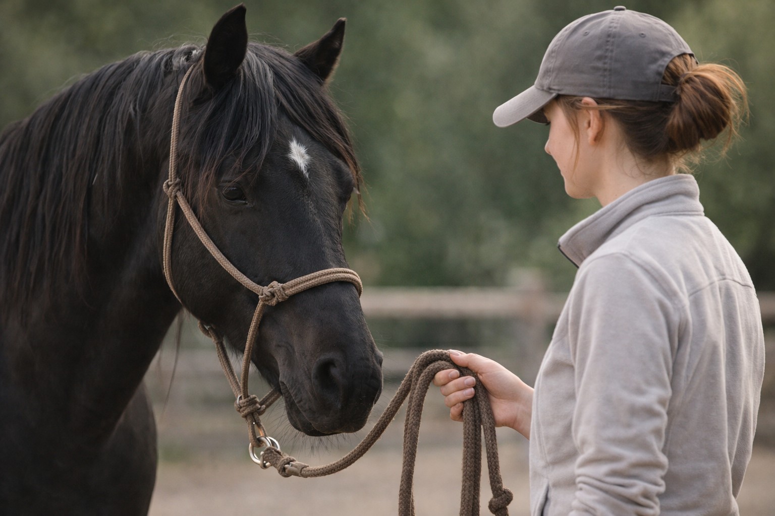 Woman in a ball cap holding a lead rope connected to a haltered black mustang during consent-based haltering