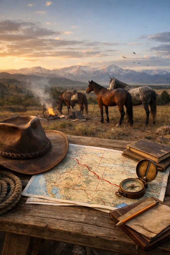 Quiet Miles route spine — vintage map and compass with wild horses at sunset