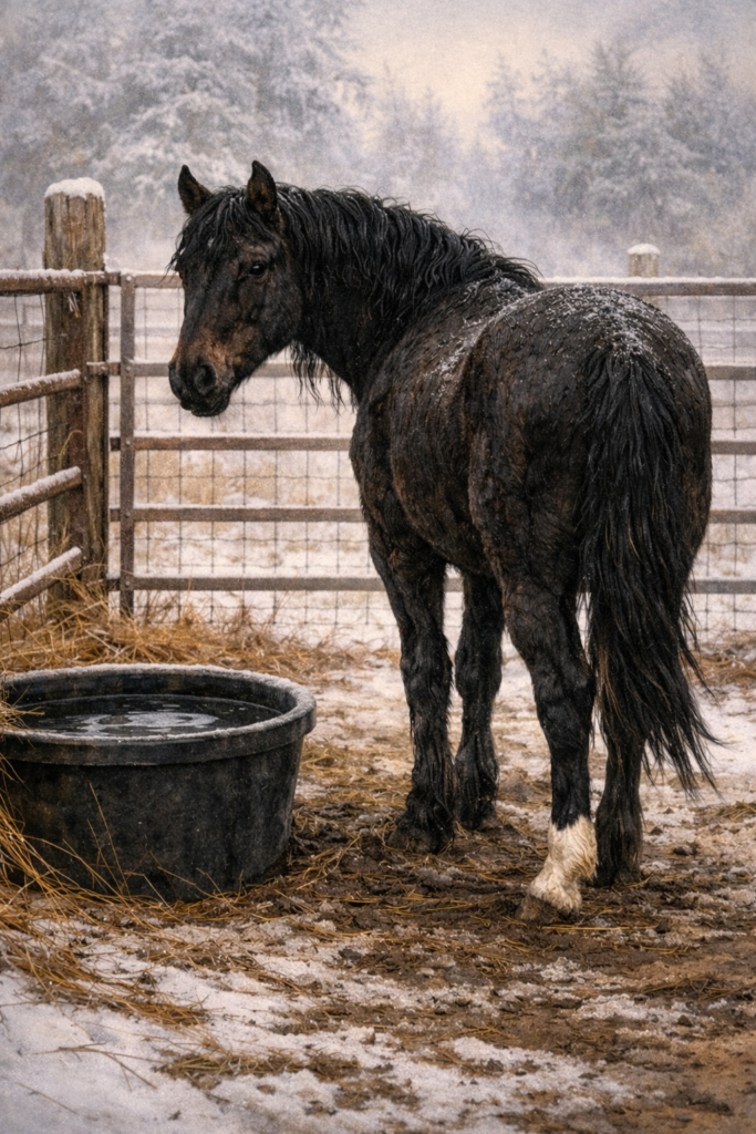 Black mustang with a small white hind fetlock looks over his left shoulder beside a water tub in a snowy pen.