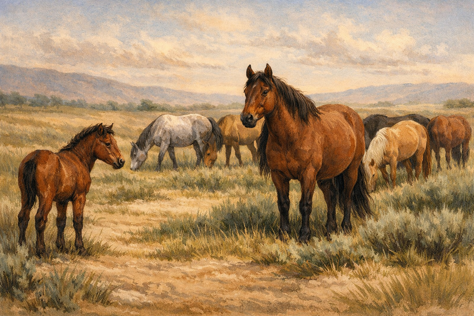 Do horses feel empathy? A wild mare stands between a grazing herd and a young colt, enforcing boundaries in the band.