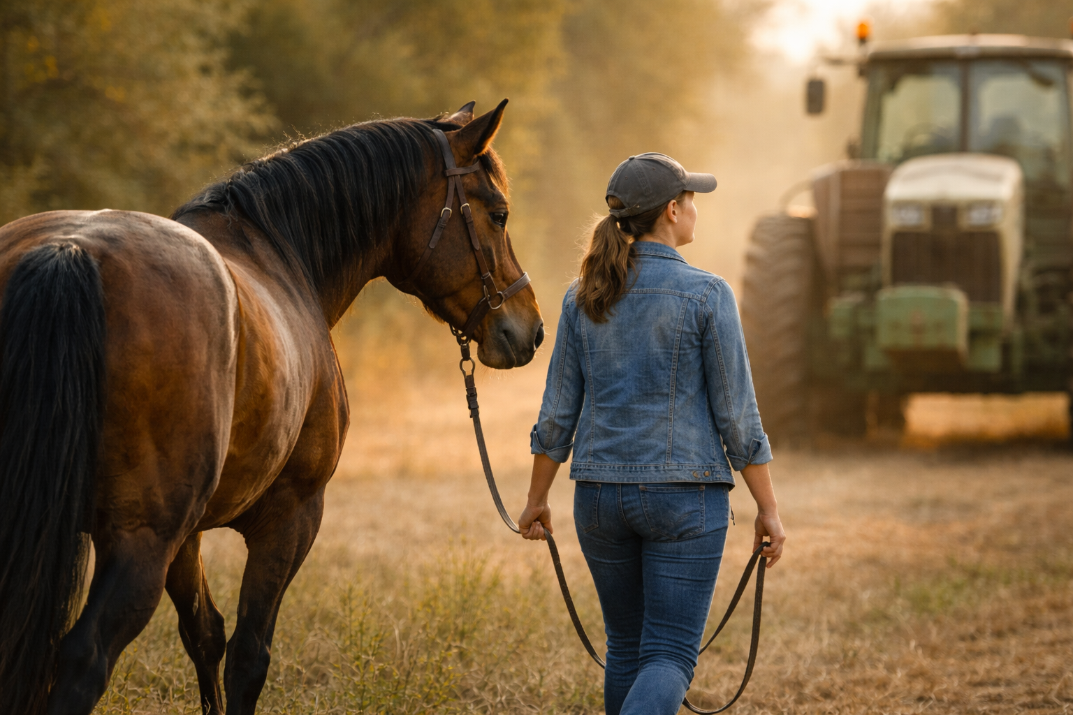 Handler walking with a horse on her left on a loose lead rope as the horse looks toward farm equipment ahead.