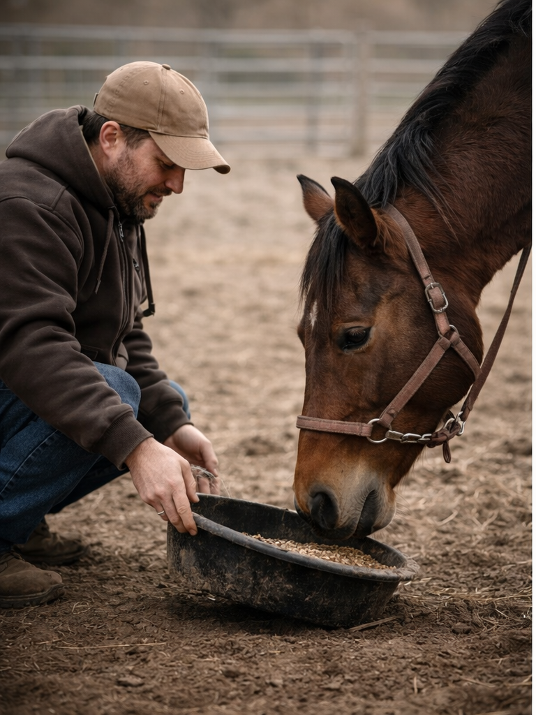 Man crouches and offers a feed pan to a calm horse in a fair, trust-building interaction.