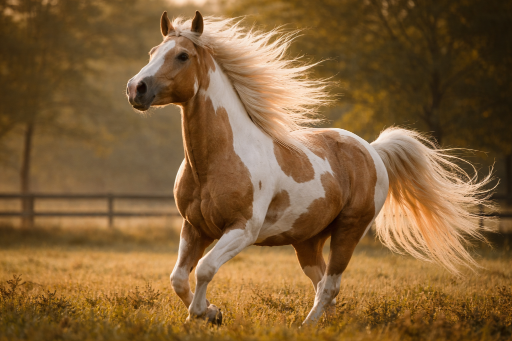 Palomino paint horse with head held high, mane and tail blowing in the wind, embodying the antithesis of the moment trust is broken.