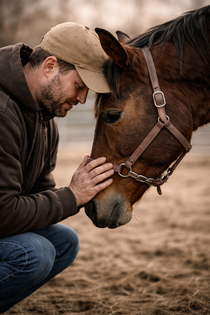Man and horse touch foreheads in a quiet moment of trust and safety.