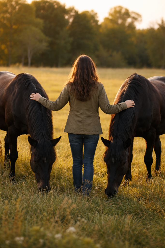 Woman standing quietly between two black mustangs in a pasture, resting a hand on each horse as they accept her as part of the herd.