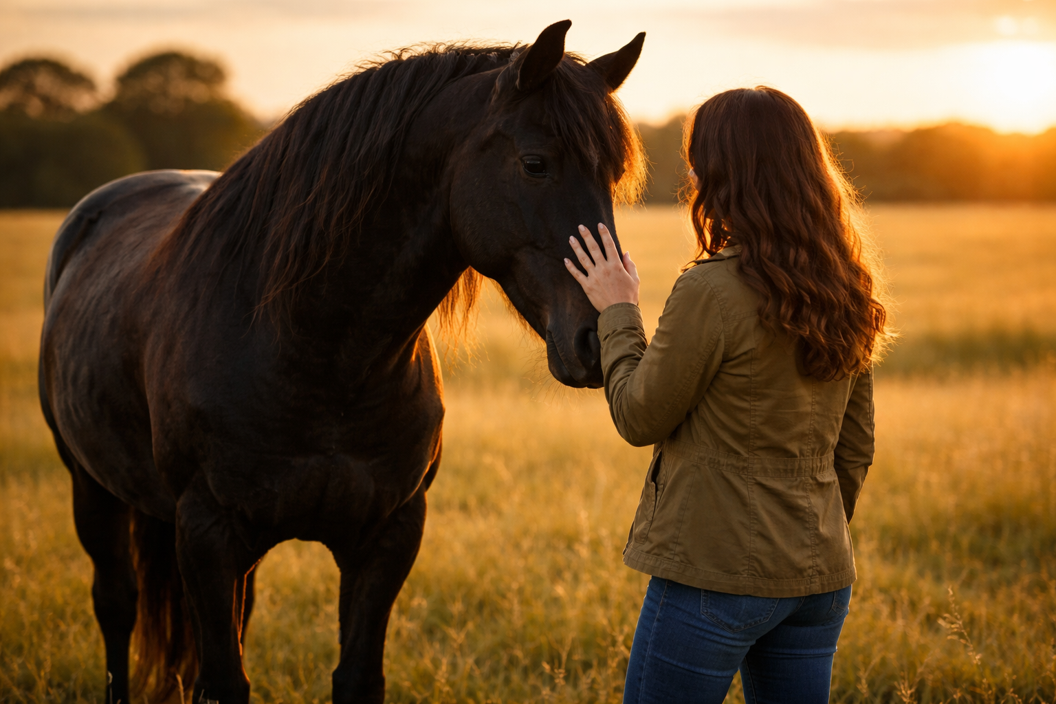 Black mustang standing close beside a woman in open pasture, calm and watchful in warm evening light