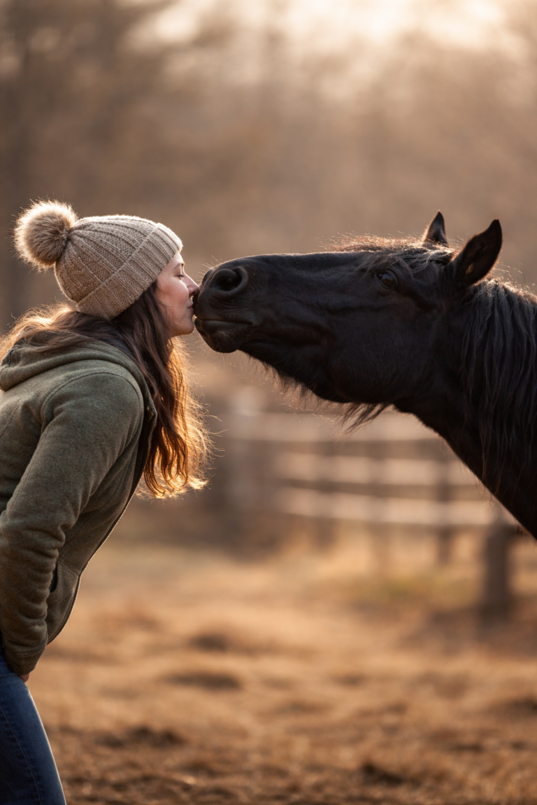 Black mustang mare stretching forward from a cautious distance to touch a woman’s face in a gentle kiss.