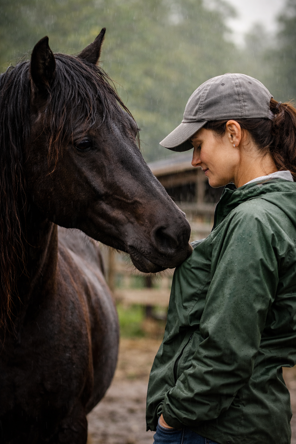 Mustang protective behavior shown by Floki, a black gelding reaching toward his person’s raincoat on a rainy day.