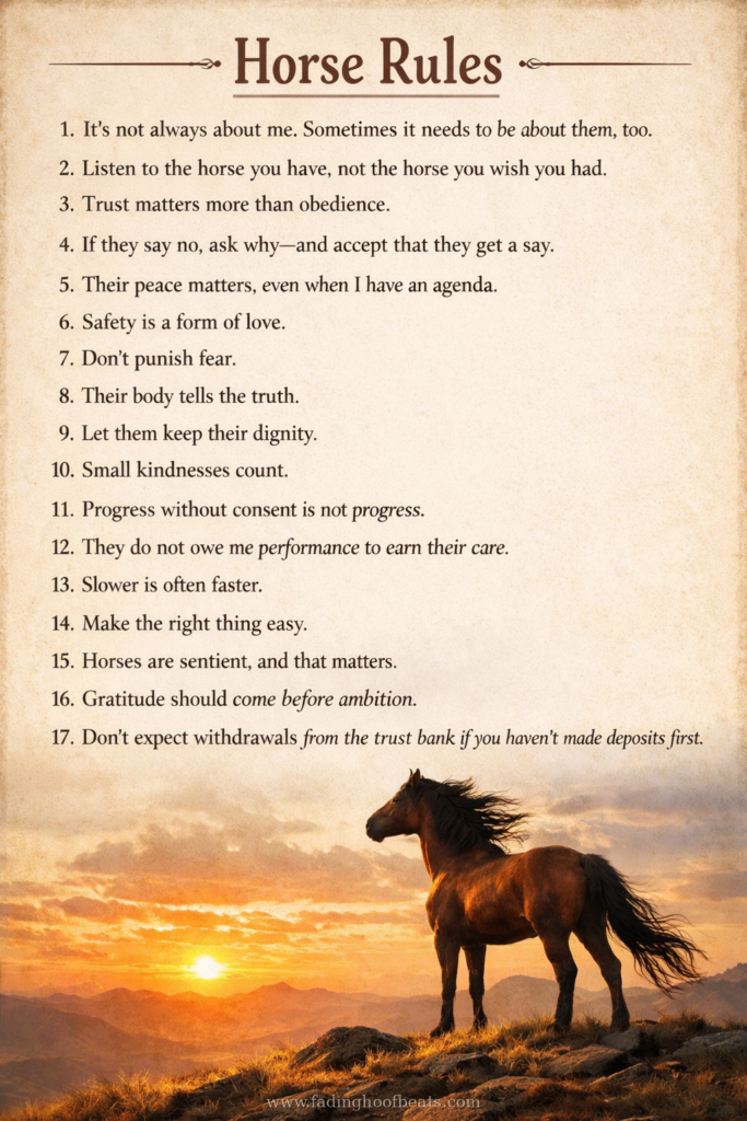 Printable Horse Rules poster with 17 horse-centered rules above an image of a mustang standing on a hill at sunset.