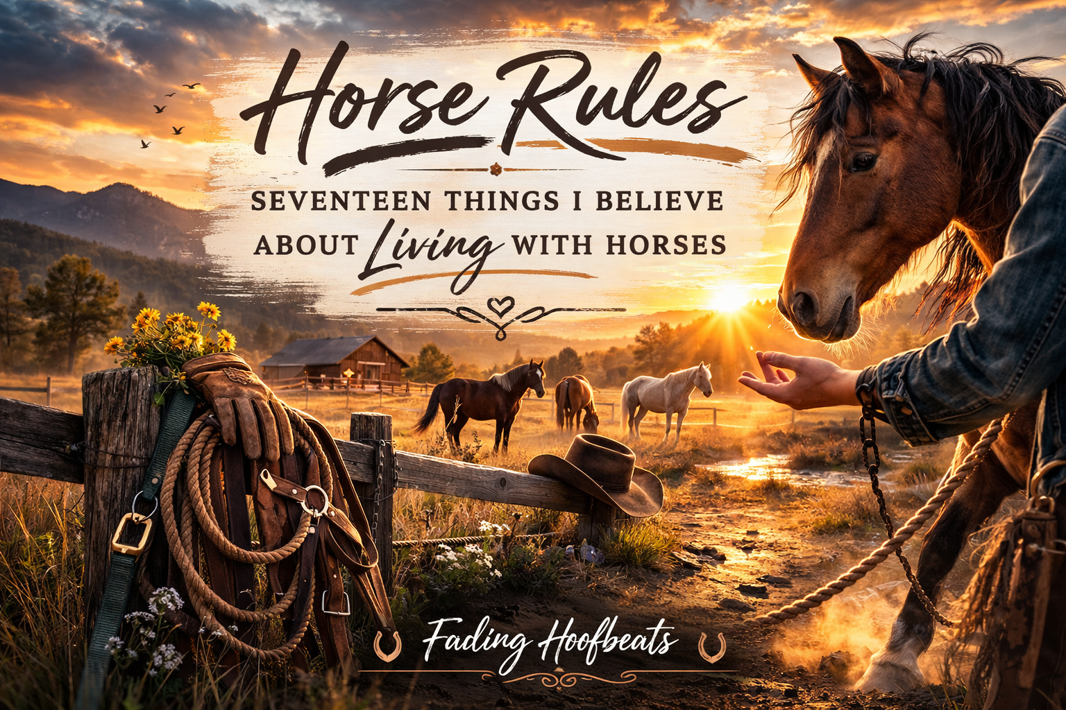 Western-style featured image for Horse Rules showing a woman gently touching a horse at sunset with other horses in the background.