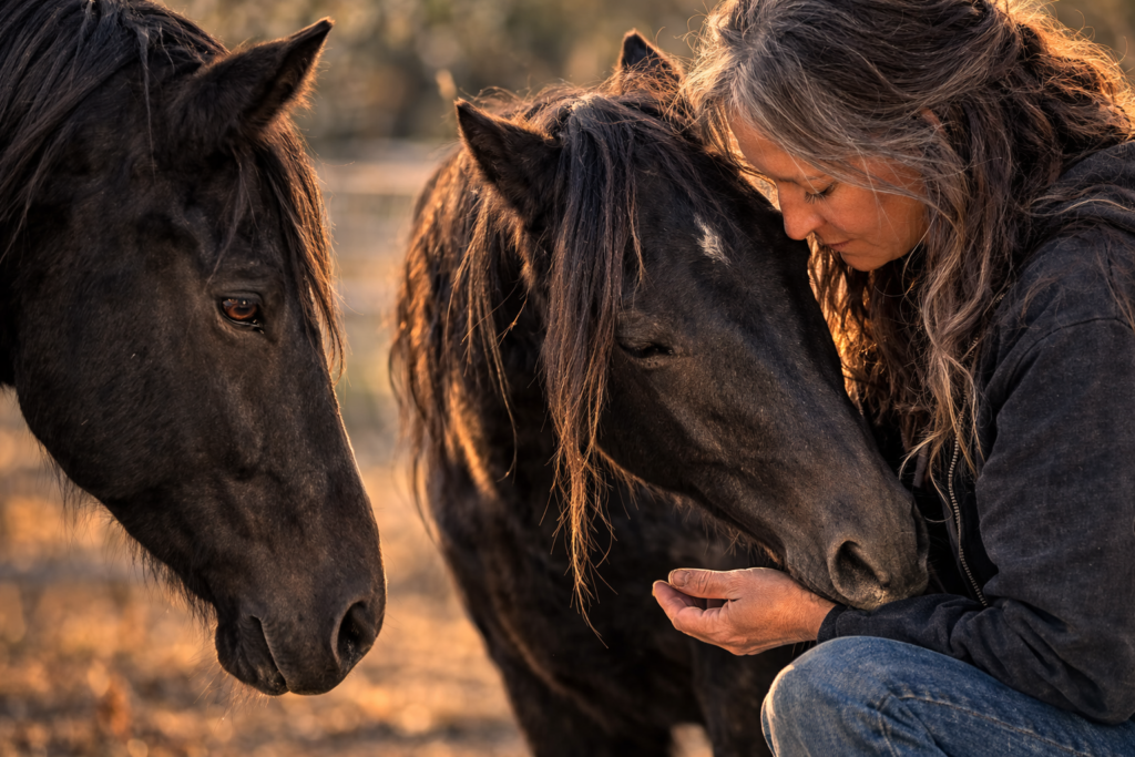 Image for “Does Your Horse Notice When Something Changes?” showing a woman crouching beside two black mustangs in warm evening light, with one horse touching her hand and the other watching closely.