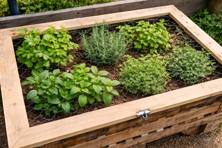 Lush horse herb garden planter filled with fresh herbs growing under a protective wire lid