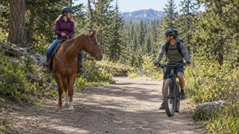 Horse and e-bike sharing a trail illustrating e-bike horse trail safety